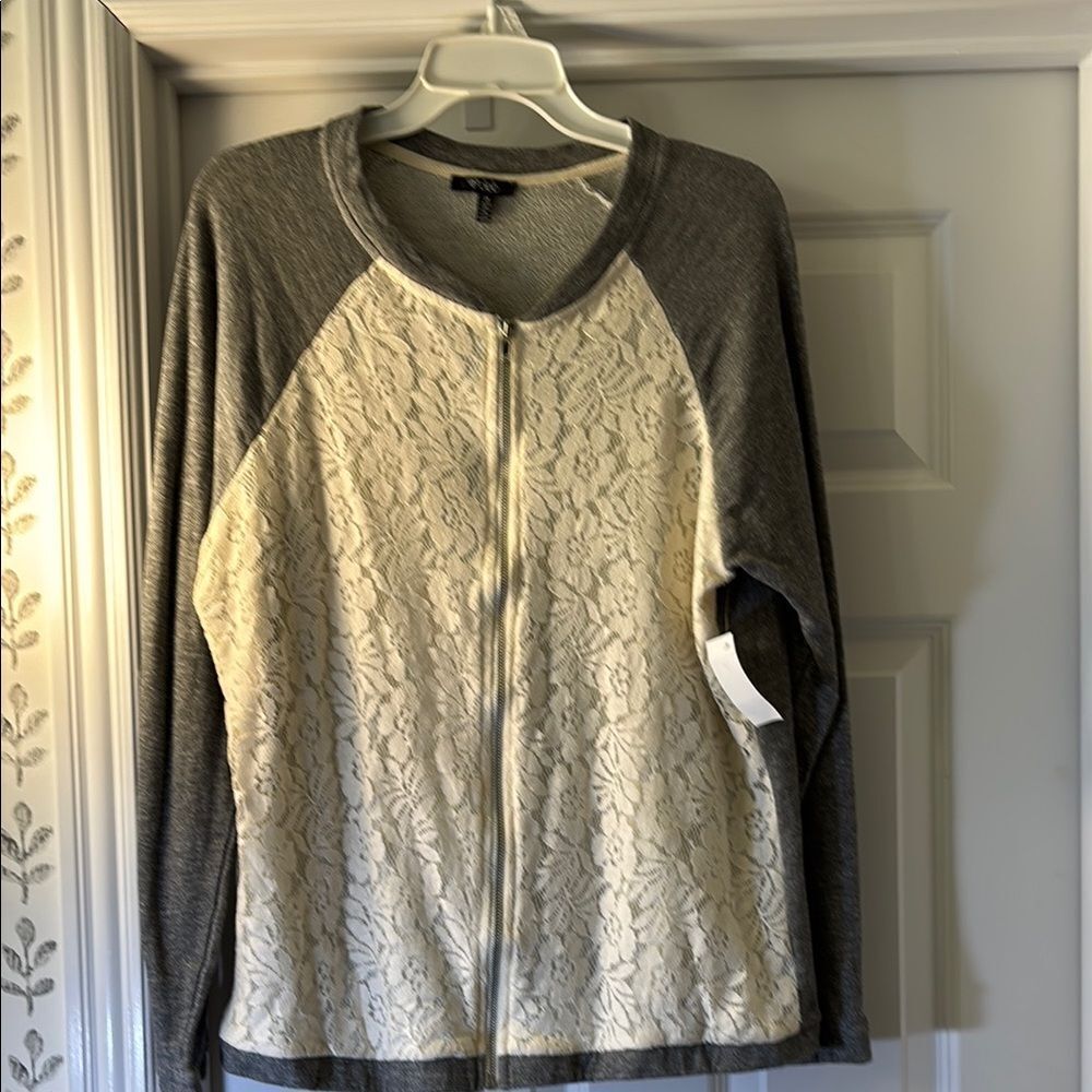 Gray and Cream Lace Zip-Up cardigan/top